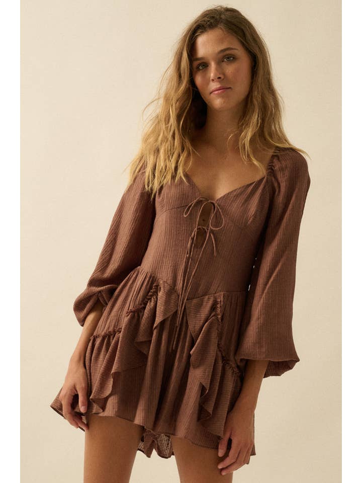 Promesa USA - Wholesale Romper - Women's - Tonal-Stripe Ruffled Tie-Front Peasant Romper6