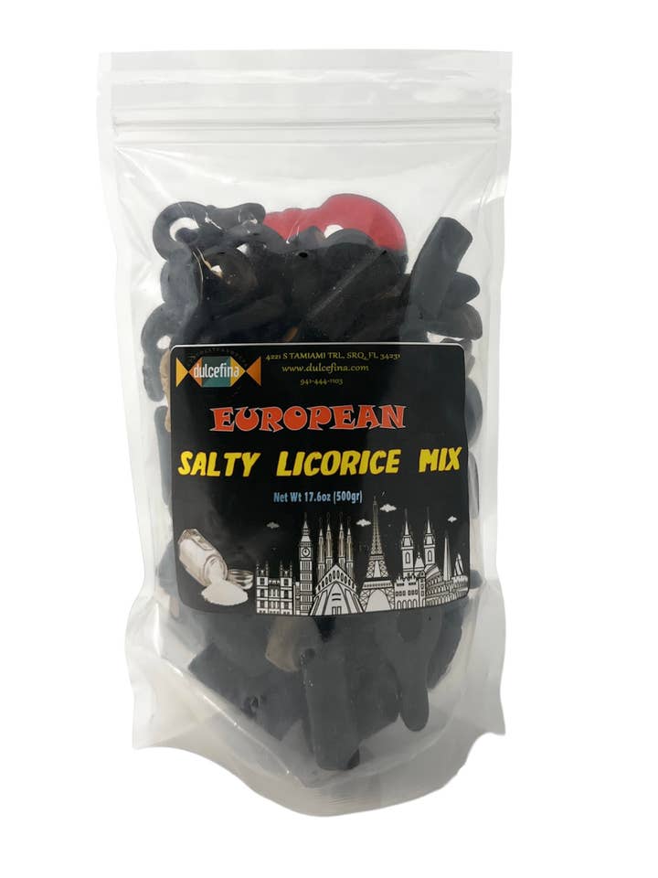 European Salty Licorice Mix 17.6oz (1.1Lbs) Bag for wholesale by Dulcefina Chocolate and Sweets