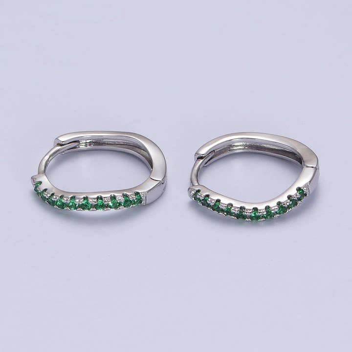 White Gold Filled Rhombus Huggie Green Micro Paved CZ Lined Hoop Earrings | P498 for wholesale by Aim Eternal