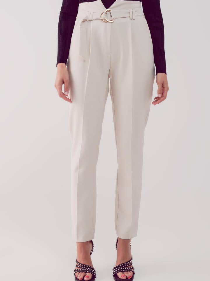 White cigarette pants with paper-bag waist in cream for wholesale on Faire