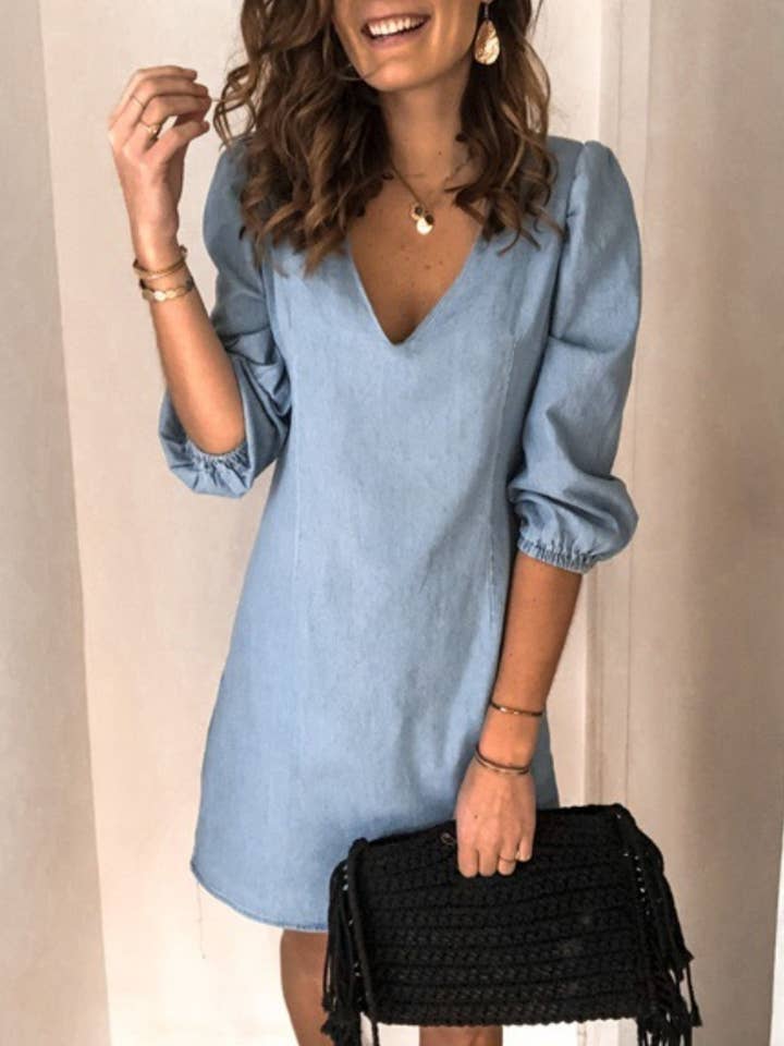 Beyond Apparel - Wholesale Dress - Women's - Full Size V-Neck Half Sleeve Denim Dress1