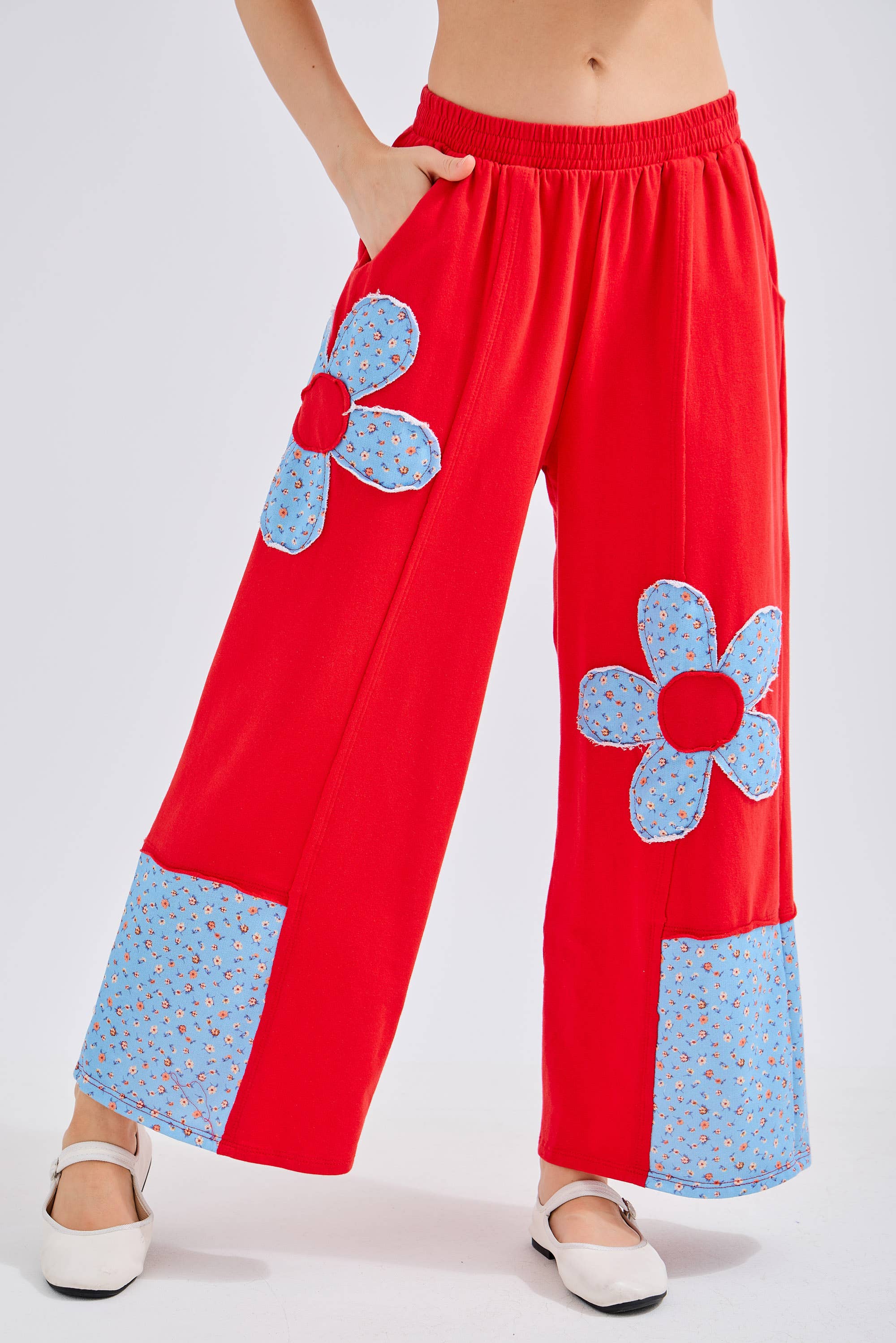 J.Her - Vente Pantalon – femme - Pantalon en molleton de coton avec patchs de fleurs HP65115