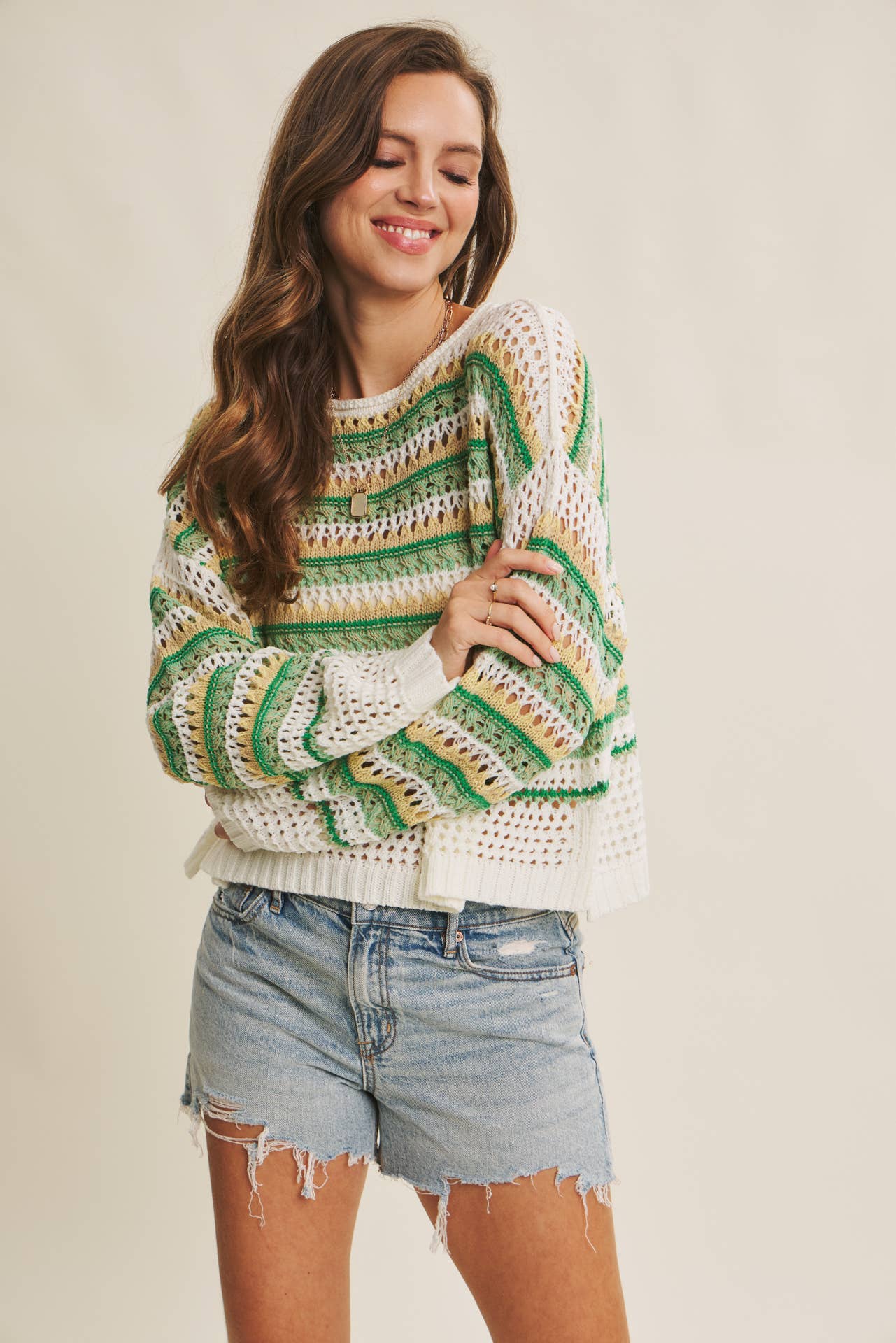 in february - Wholesale Knit Sweater - Women's - BRIGHT VIBRANT MULTI STRIPE LOOSE FIT CROCHET SWEATER TOP19