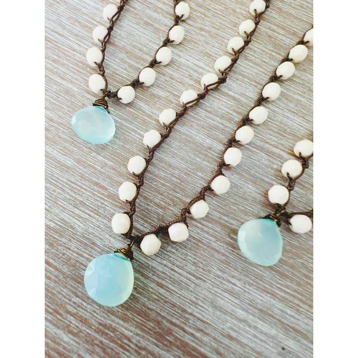 Twist Style - Wholesale Beaded/Pearl Necklace - Faceted Aqua Blue Chalcedony Drop with Czech Crystal