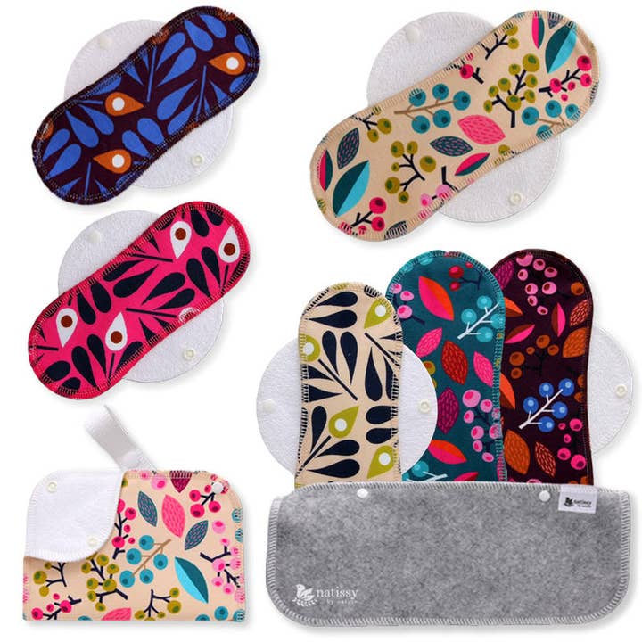 Pensos Menstruais Reutilizáveis de Algodão Orgânico com Asas 6-Pack (Tamanhos S & M) - Uvas & Pavão (asas brancas) por atacado de natissy