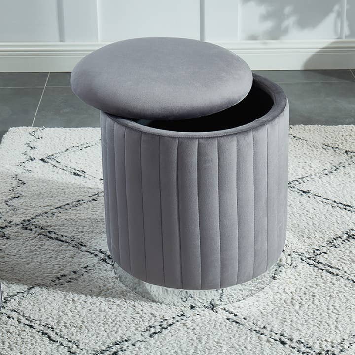 Pouf rotondo Charlotte in velluto con base in argento grigio per la vendita all'ingrosso da parte di IH Casa Decor