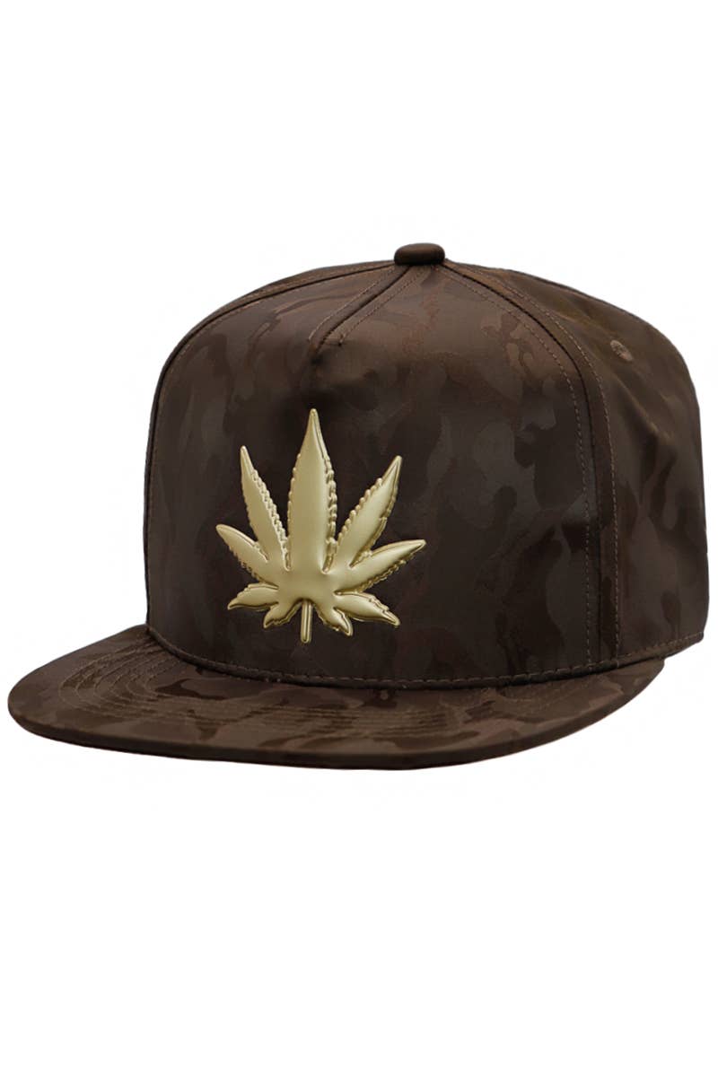 Cap Zone - Wholesale Flat Brim Cap - Men's - Gold Marijuana Leaf Embossed Camo Polyester Fabric Snapback21
