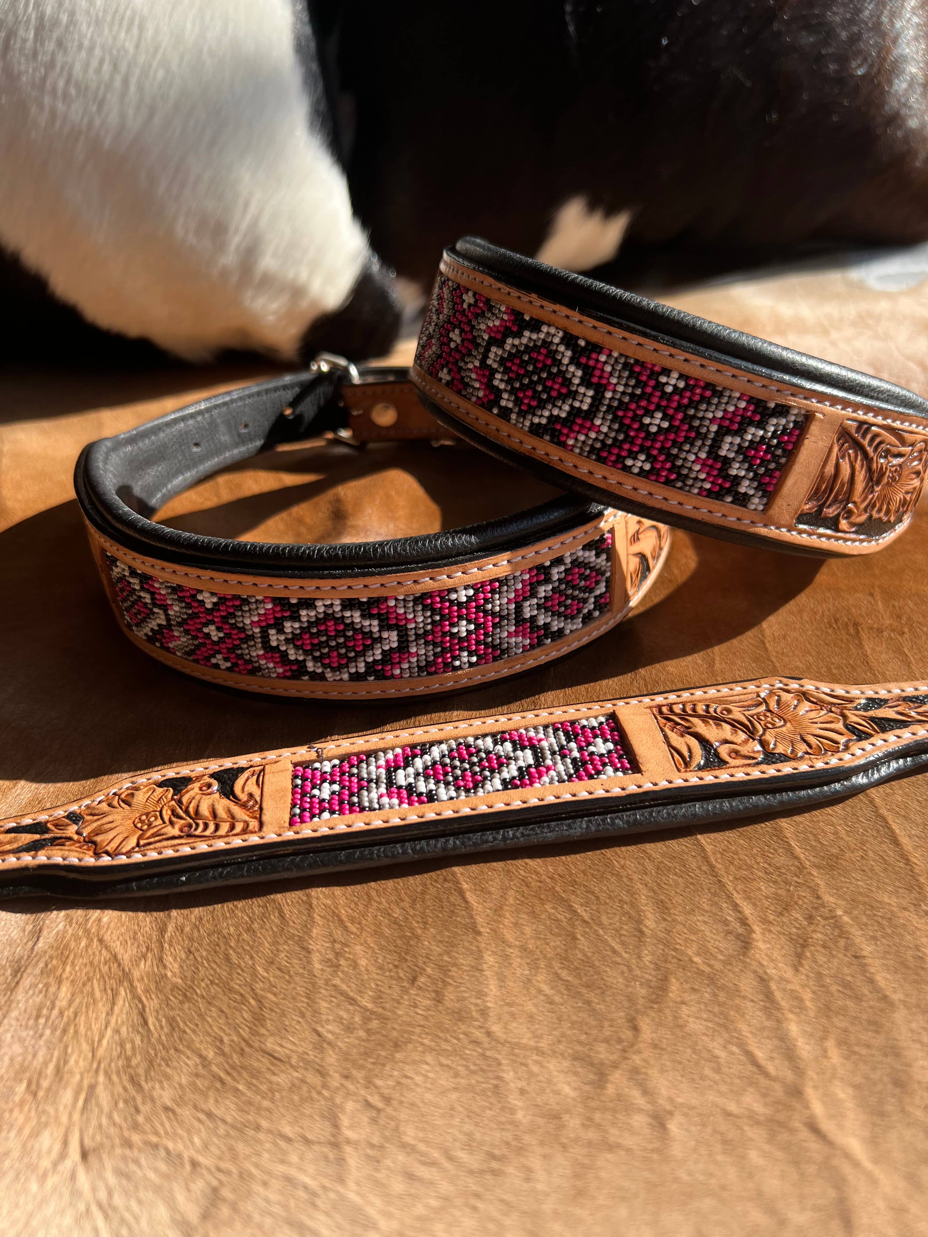 Westrian International - Wholesale Pet Collar - Dog - Western Equestrian Tooled Pink Leather Beaded Dog Collar1