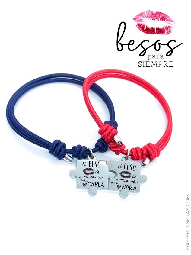 Zwei Puzzle-Armbänder aus Stahl (2U) mit Gravur Kisses. für den Großhandel von Happypulseras