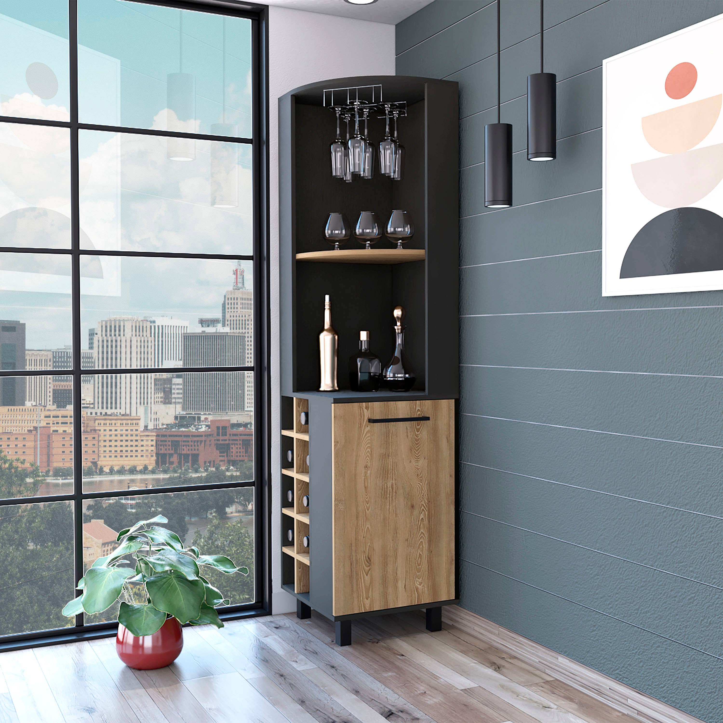 Multi color Kaia Corner Bar Cabinet, with 1 Door and Bottle Rack for wholesale on Faire0