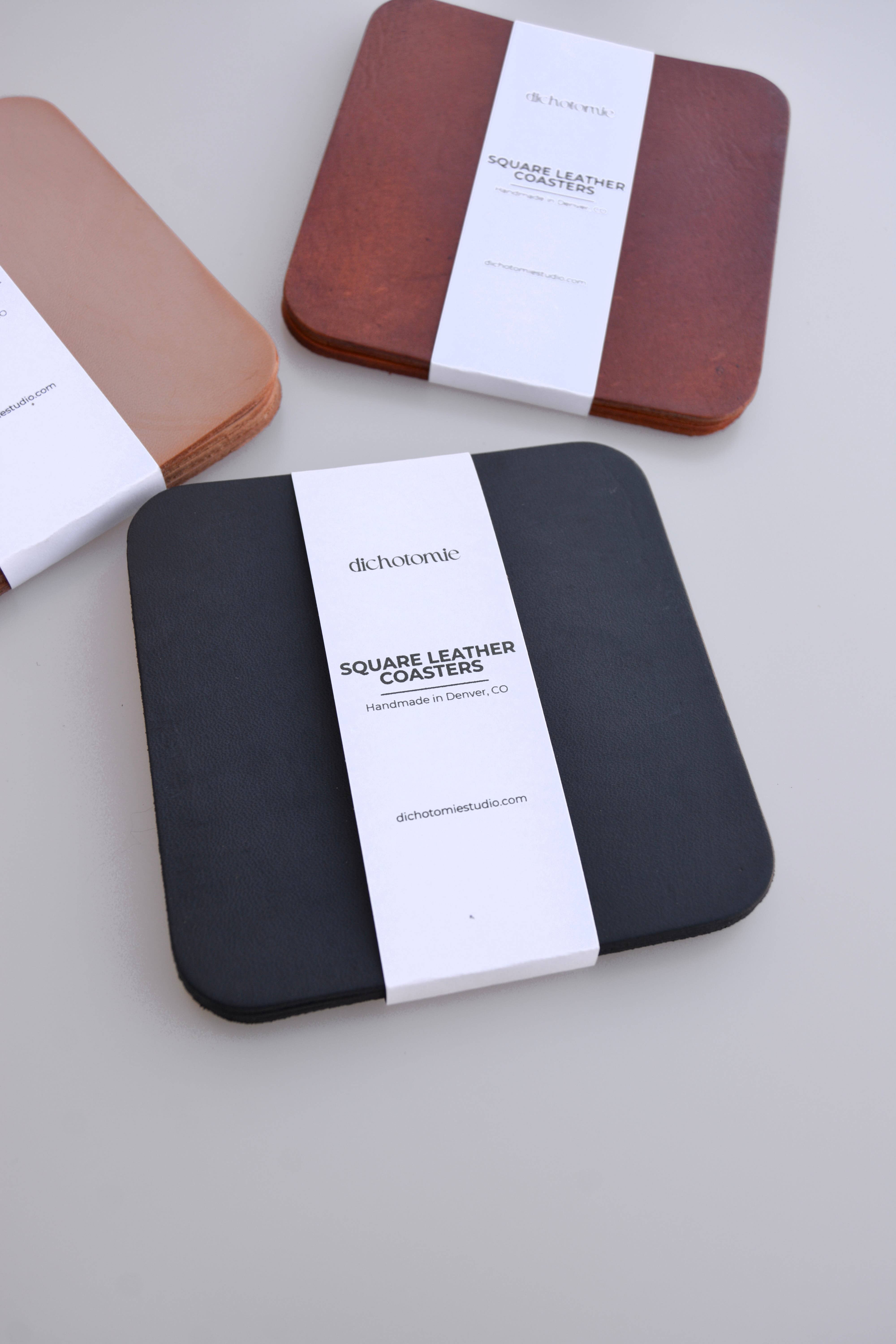 Dichotomie Studio – wholesale Coasters – Square Leather Coaster Set: Hand-Dyed5