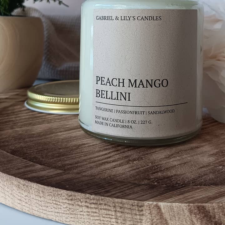 Peach Mango Bellini Soy Candle for wholesale by Gabriel & Lily's Candles