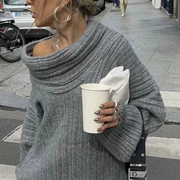 Long Sleeves Loose Pleated Solid Color Split-Joint Off-The-Shoulder Sweater for wholesale by ShieldChic