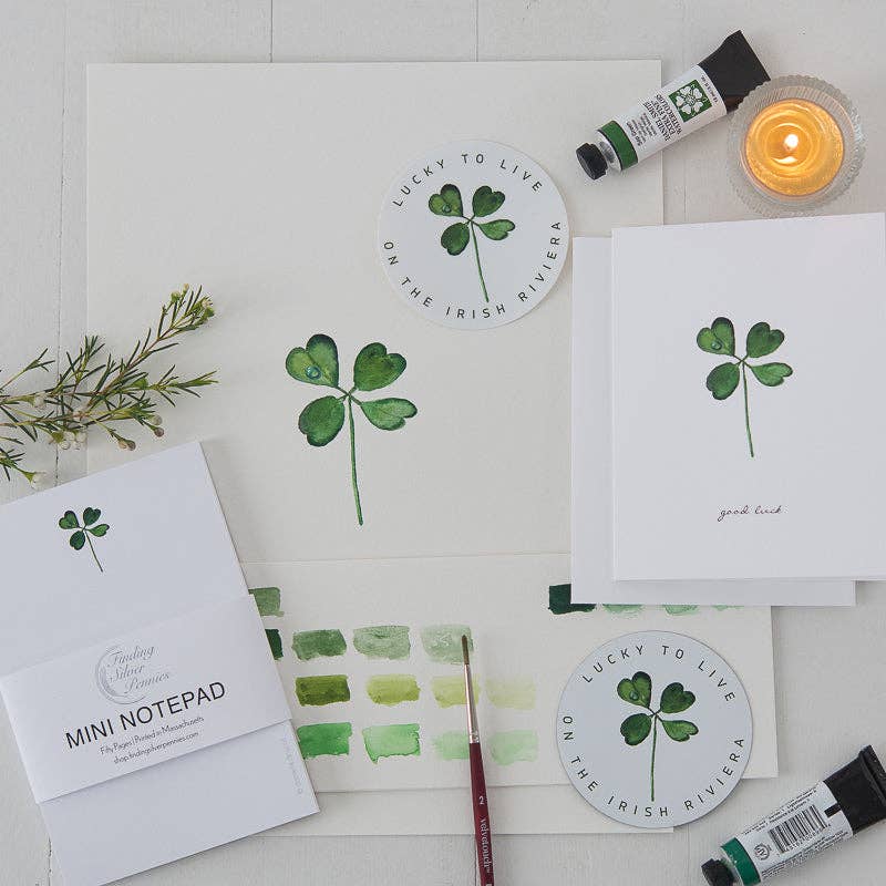 Finding Silver Pennies - Wholesale Everyday Greeting Card - Four Leaf Clover Watercolor Note Card | Good Luck4