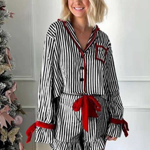 Rosa Clothing - Wholesale Lounge Set - Women's - Cozy Christmas Valentines Bow Tie Sleeve Pajama Set6