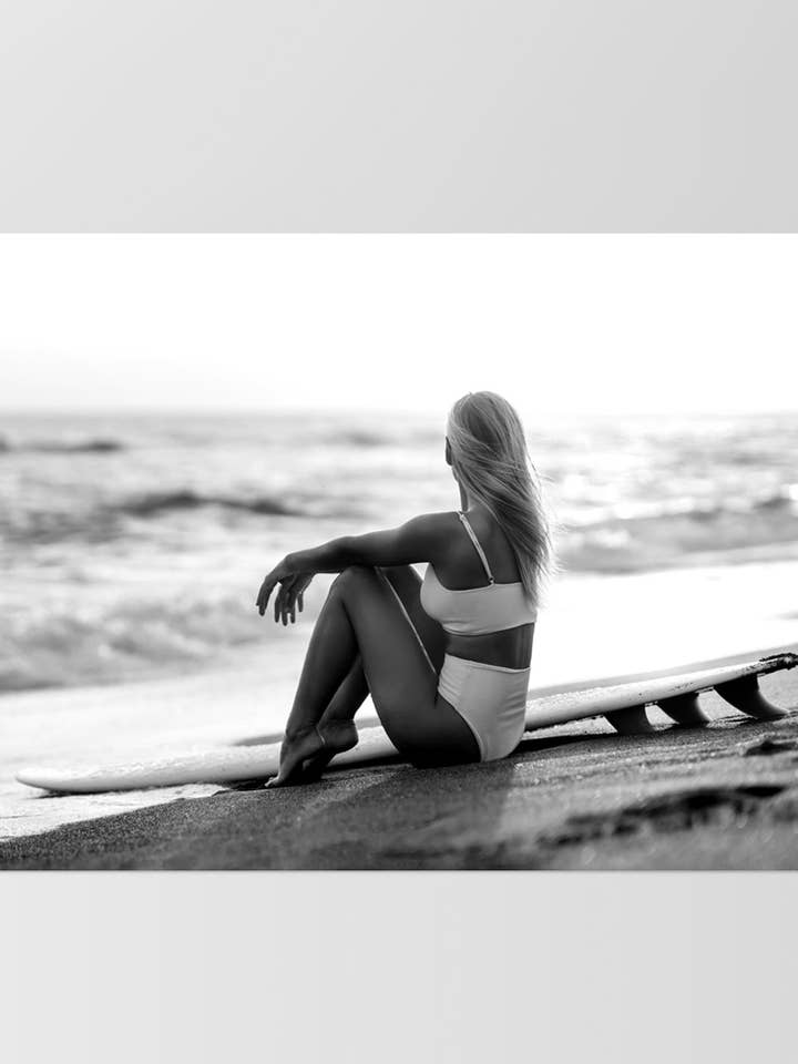 Surfer Girl at Dawn. Watching Waves Poster Black White for wholesale by PRINT AND PROPER
