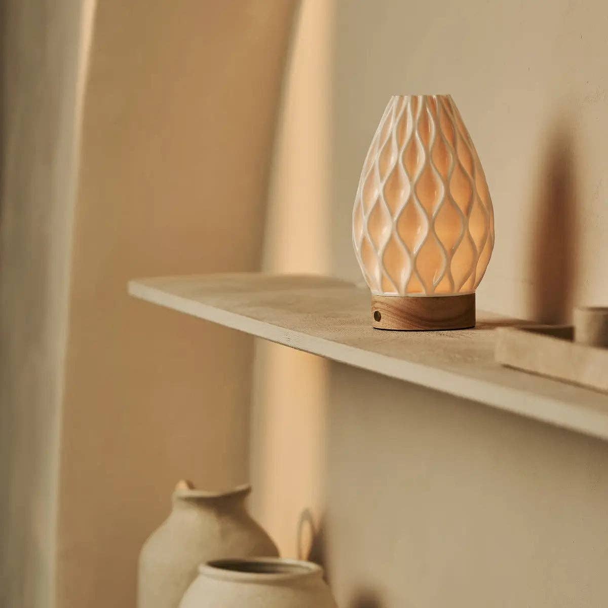 Tavellio - Wholesale Accent/Desk Lamp - Vela Light Brown Wooden Cordless Table Lamp | 3D-Printed Porcelain, Dimmable & Up to 100 Hours of Battery Life3