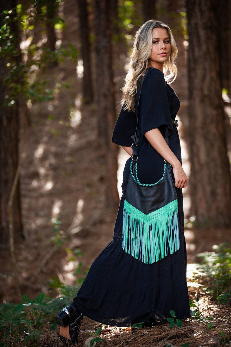 Native hearts - Wholesale Crossbody Bag - Women's - Western Leather Bags with Tassels - Green and Black