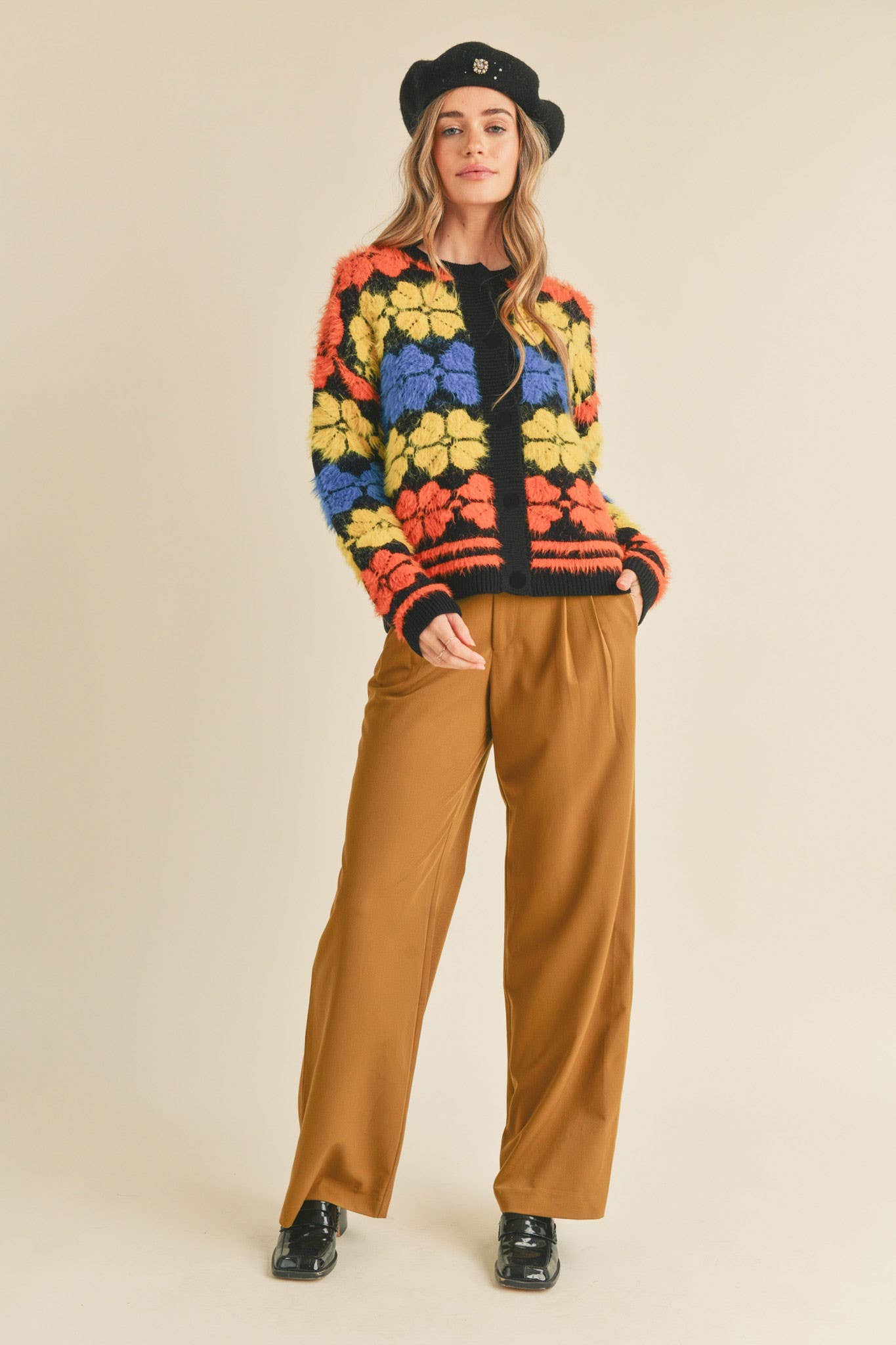 BLACK MULTI SHAGGY KNIT FLORAL SWEATER CARDIGAN MSW10343 for wholesale on Faire5