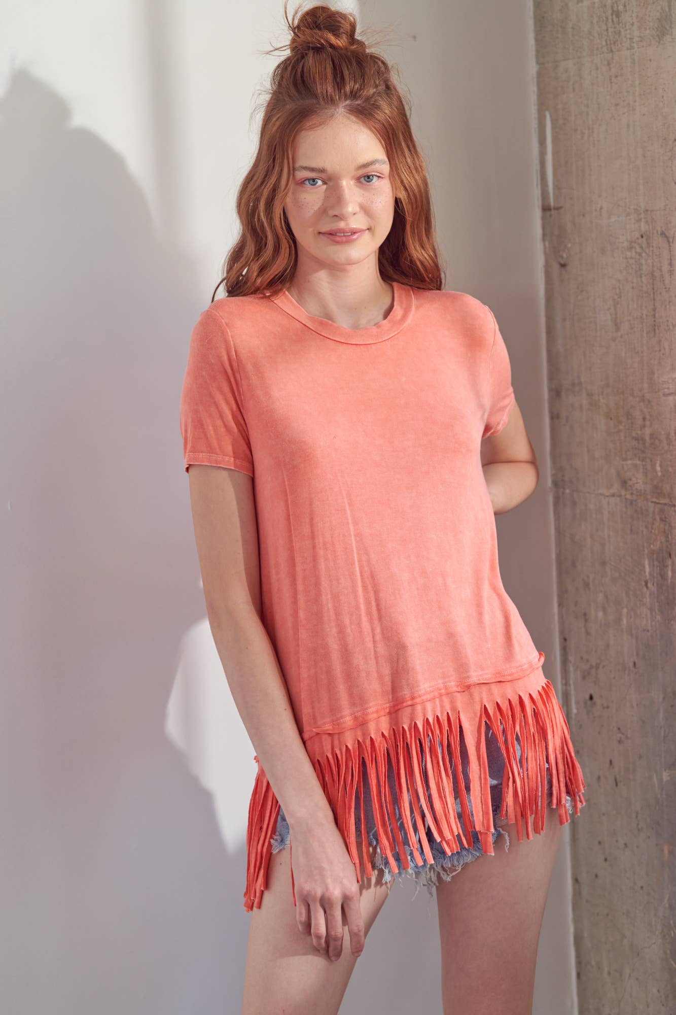 J.Her - Wholesale Tuniek - Dames - Mineral Wash Vintage top met ronde hals en franjes HT40000