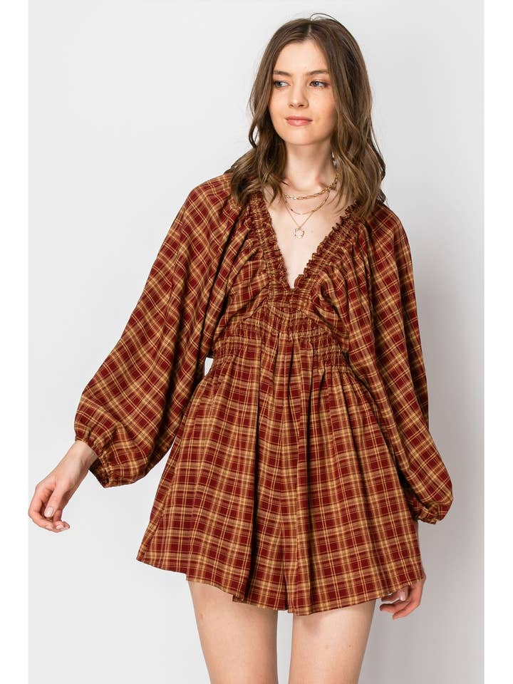Dolman Sleeve Plaid Smocked V-neck ROMPER and other Purchase Wholesale mabel. Free Returns & Net 60 Terms on Faire trending on Faire.