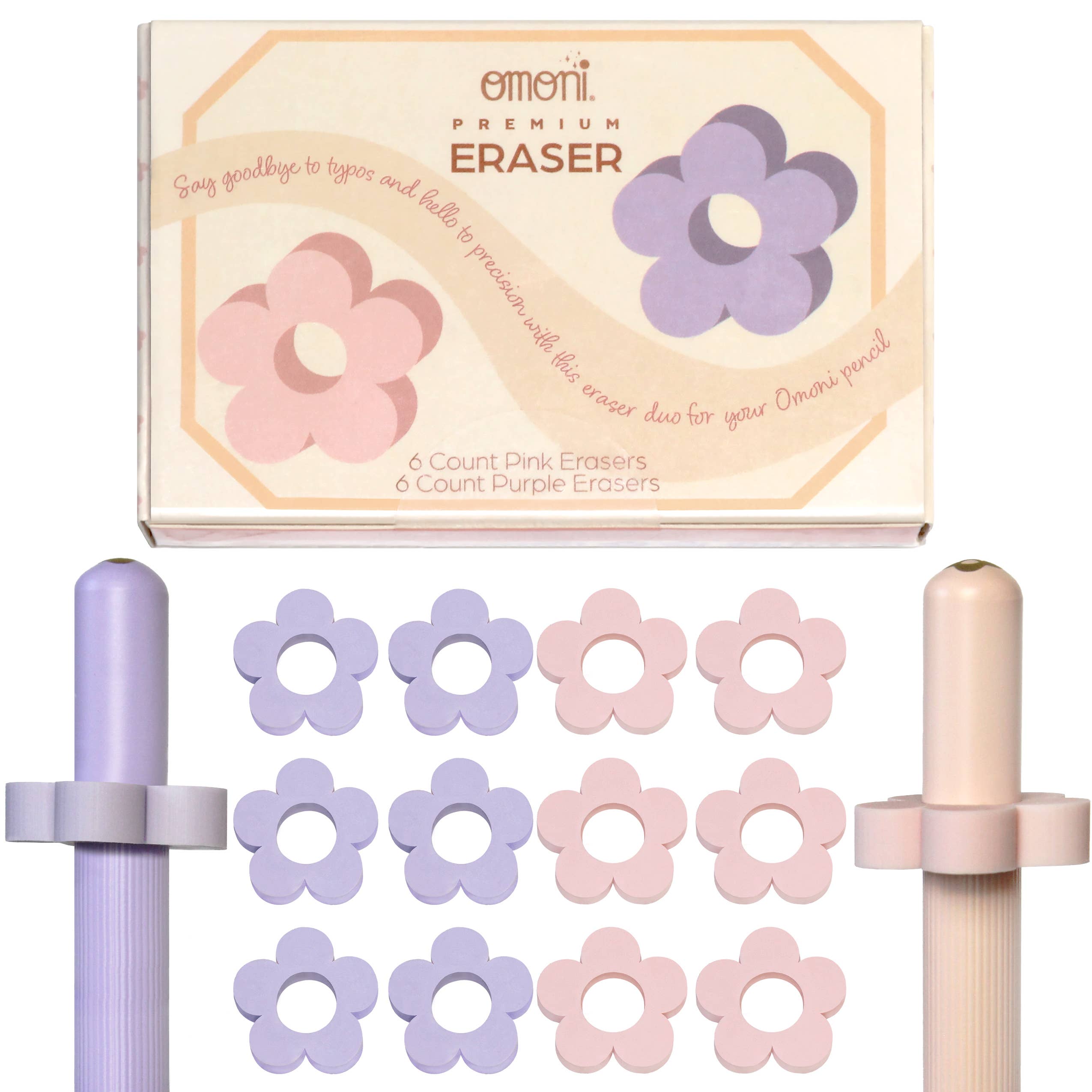 Omoni Designs – wholesale Eraser – Daisy Pencil Top Pink & Purple Eraser 12 Pack4