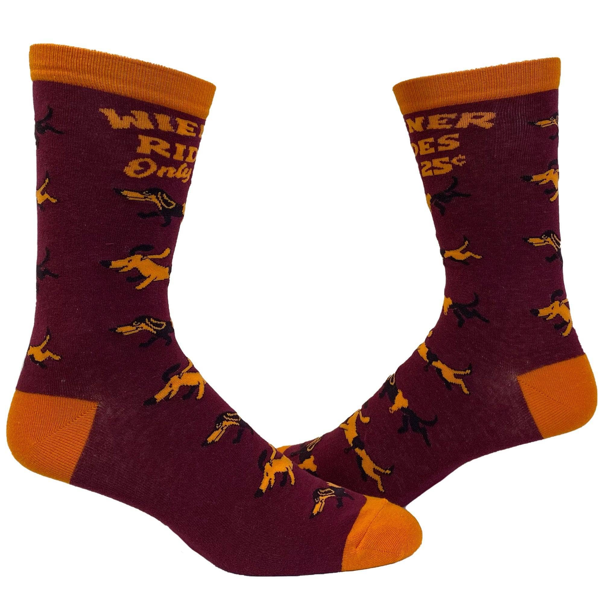 Red Mens Wiener Rides Socks Funny Dog Sock for Guys Daschund for wholesale on Faire0