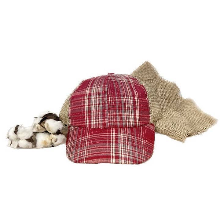 GIRLS Lets Play Baseball, Red Plaid Hat with Beige Mesh for wholesale on Faire