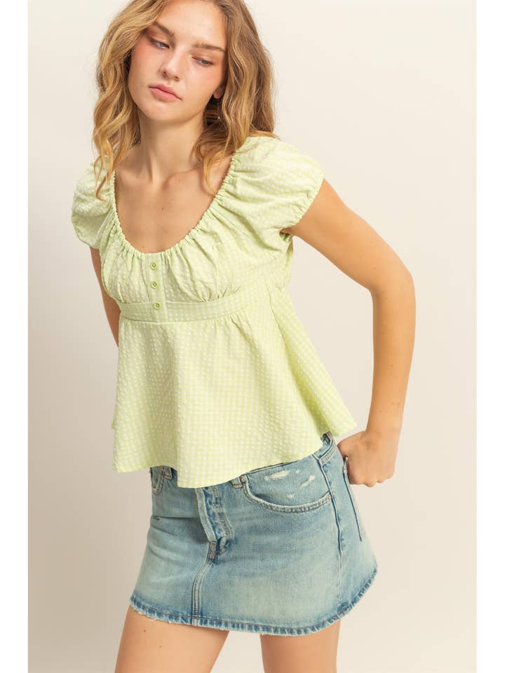 Gingham Scoop Neck Cap Sleeve Blouse for wholesale by HYFVE