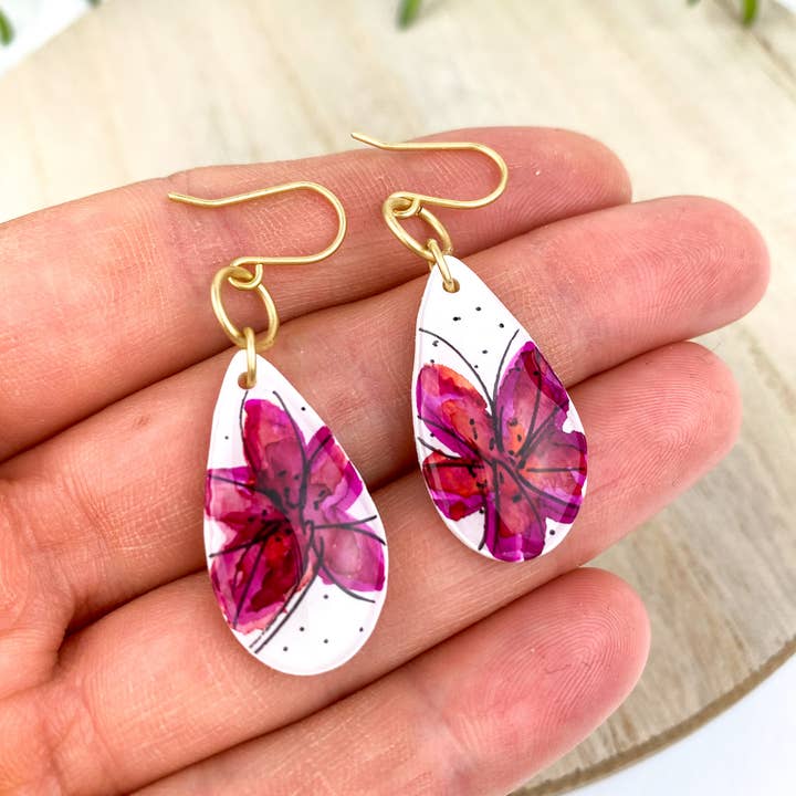 Light Shine - Wholesale Dangle Earrings - Hand Painted Sketchy Flower Clay Earring | Statement Drop9