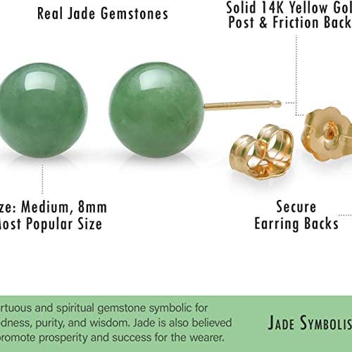 JB Jewelry - Wholesale Stud/Post Earrings - 8mm 14k Yellow Gold Natural Green Jade Round Stud Earrings.