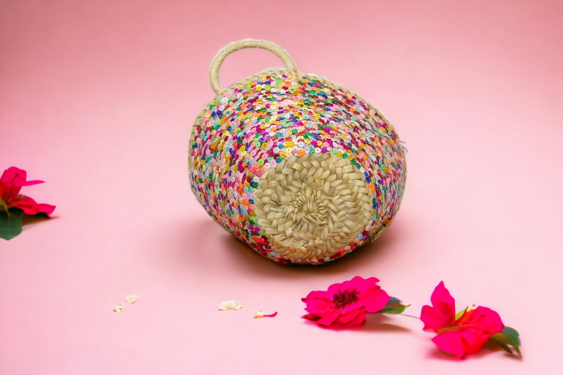 Melecraft – Großhandel Strandtaschen – Strohtasche mit Pailletten, kleiner französischer Marktkorb Mehrfarbig1