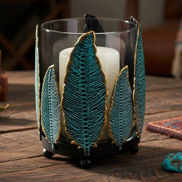 METAL FEATHER GLASS CANDLE HOLDER for wholesale by De Leon Collections