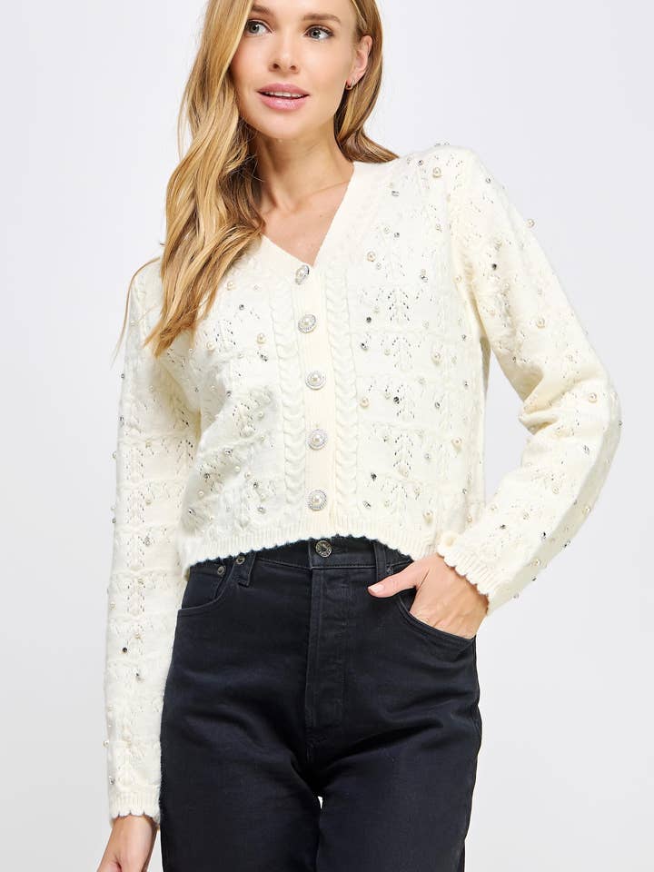 Pearl and Rhinestone Studded Knit Cardigan for wholesale by Strut & Bolt