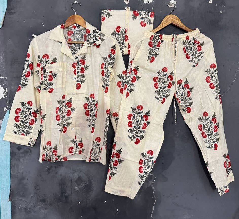 GYPSY STUDIO – wholesale Pyjamasset - Dam – Vit färgblocktryck dam bomullsklänning nattkläder pyjamas set5