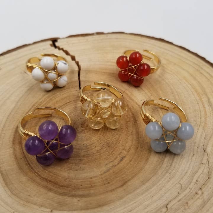 Natural Crystal Bead Flower Ring for wholesale by CHAKRA JEWELRY