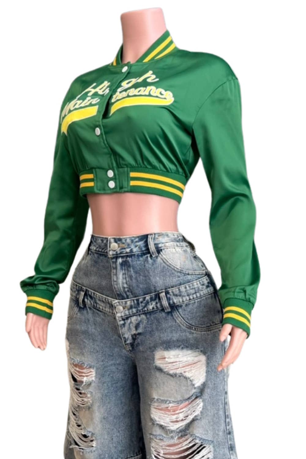 GRØN NT1016A Satin Varsity Crop Jakke med Broderede Detaljer for engroshandel på Faire2