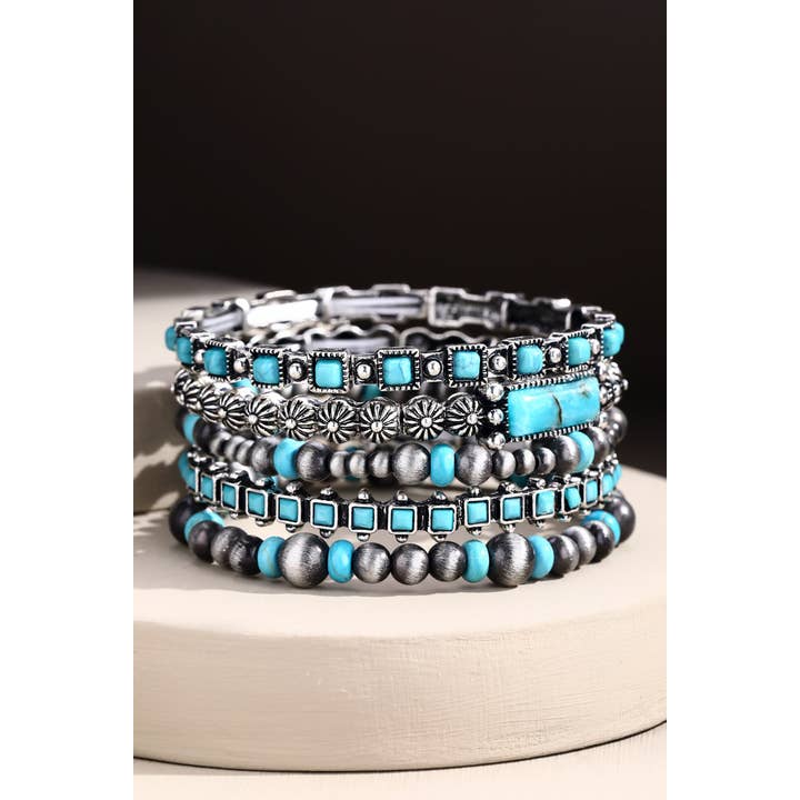 Turquoise SBTQ Layered Semi Stone & Metal Bead Bracelet for wholesale on Faire