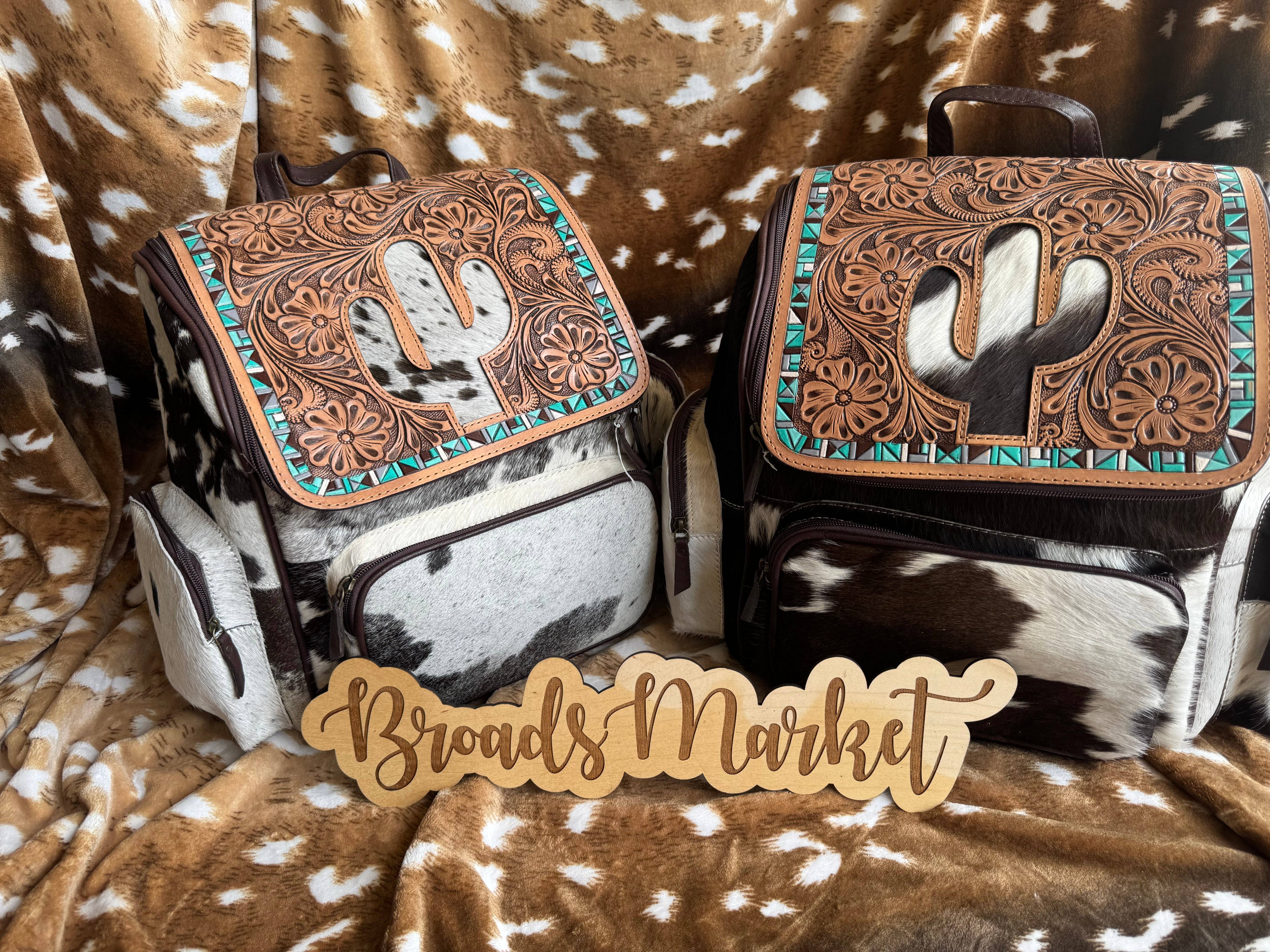 Broads Market - Wholesale Backpack - Women's - Cactus Tooled Leather & Cowhide Backpack0