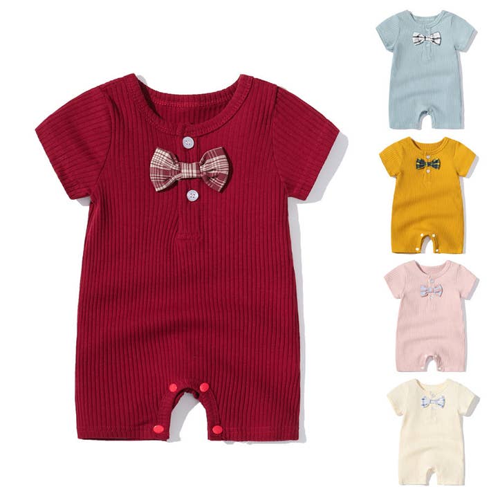 Baby jongen en meisje effen kleur strikje decoratie korte mouw nek-geknoopte romper voor wholesale door MyKids-USA®