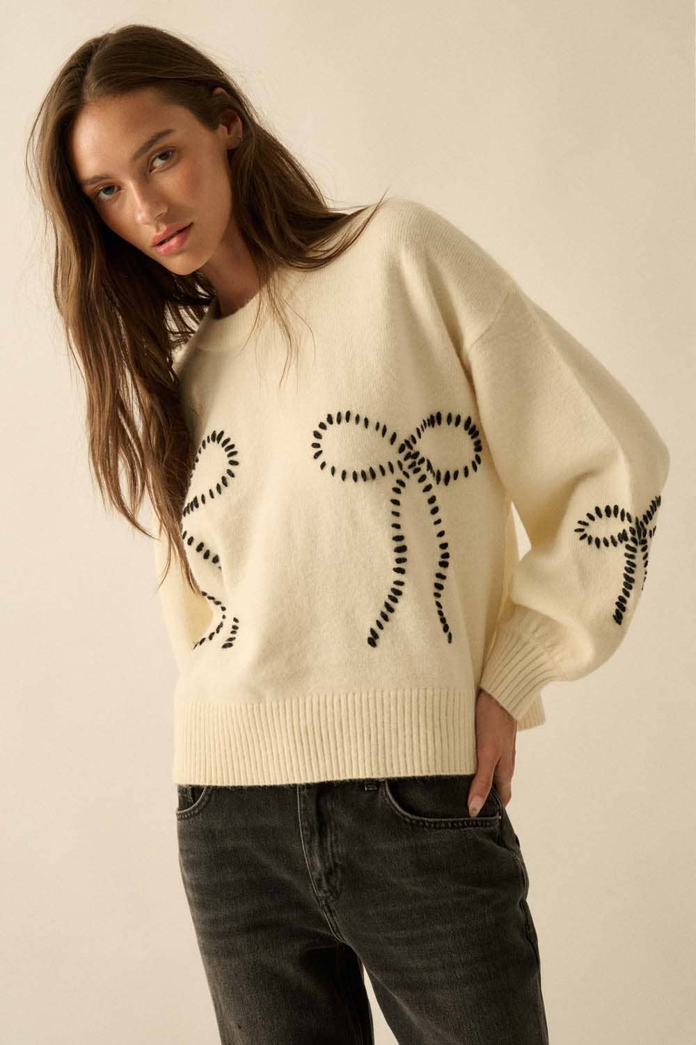 Promesa USA - Wholesale Knit Sweater - Women's - Solid Bow-Embroidered Bubble-Sleeve Sweater5