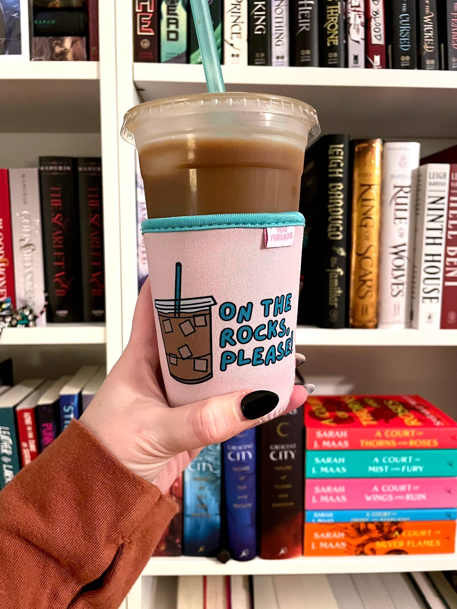 YGG Threads - Wholesale Drink Huggers & Koozies - Teal On the Rocks Iced Coffee Drink Sleeve - Small