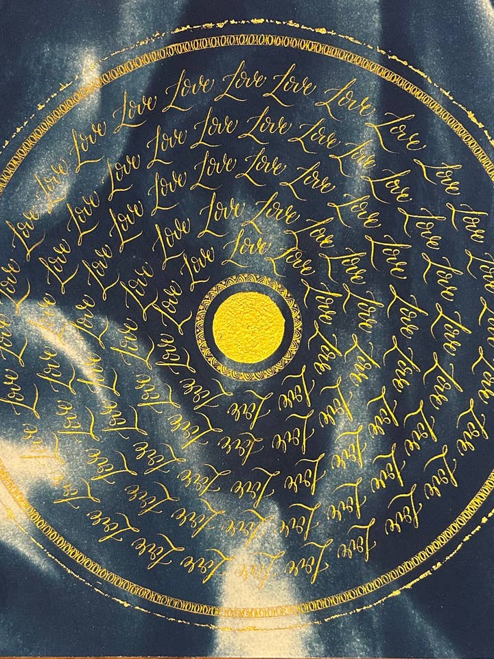 Obra de arte original Love – Cianotipia e caligrafia a tinta por atacado de Murmure bleu