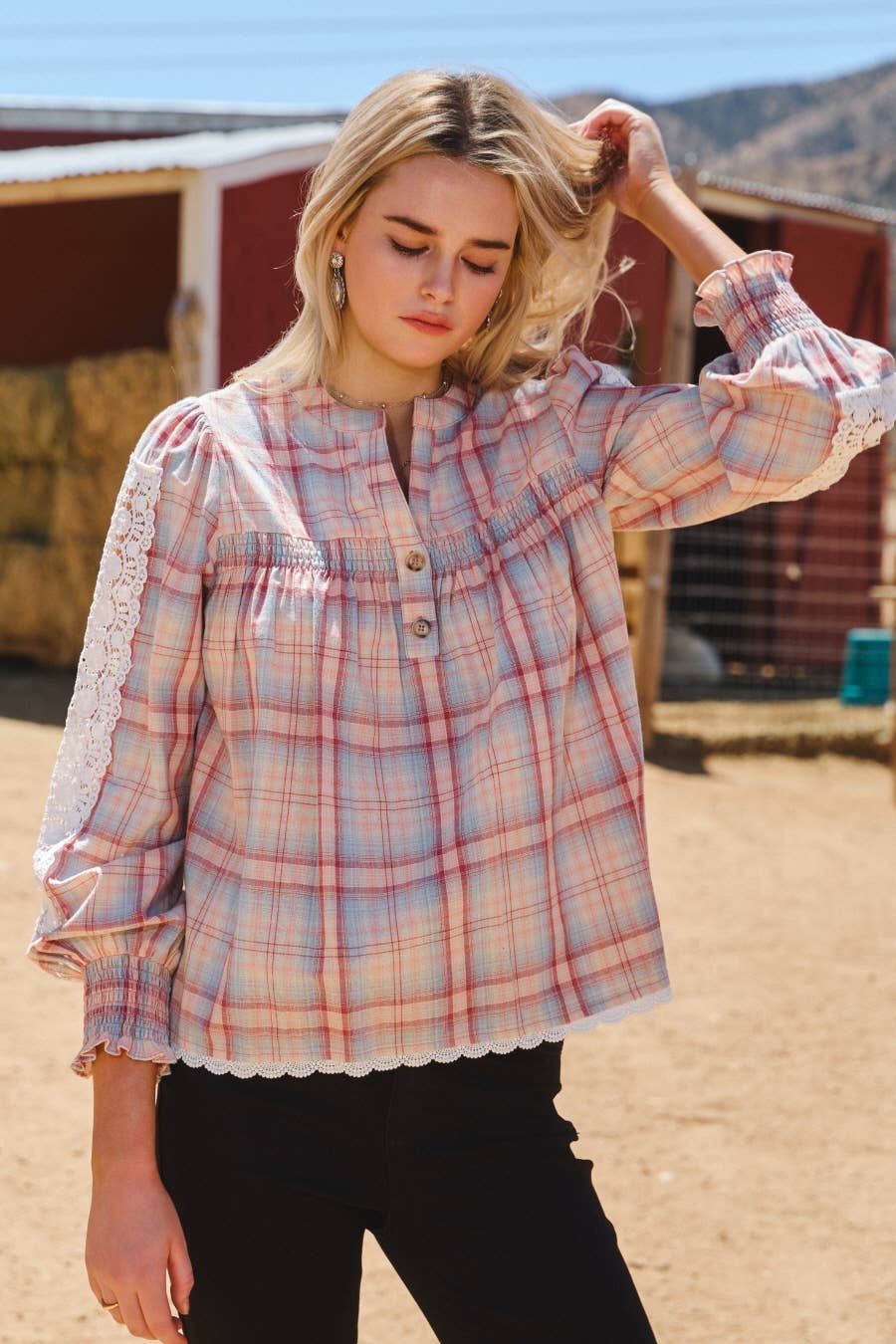 Oddi - Wholesale Blouse - Women's - Lace& Plaid Combo Long Sleeve Blouse6