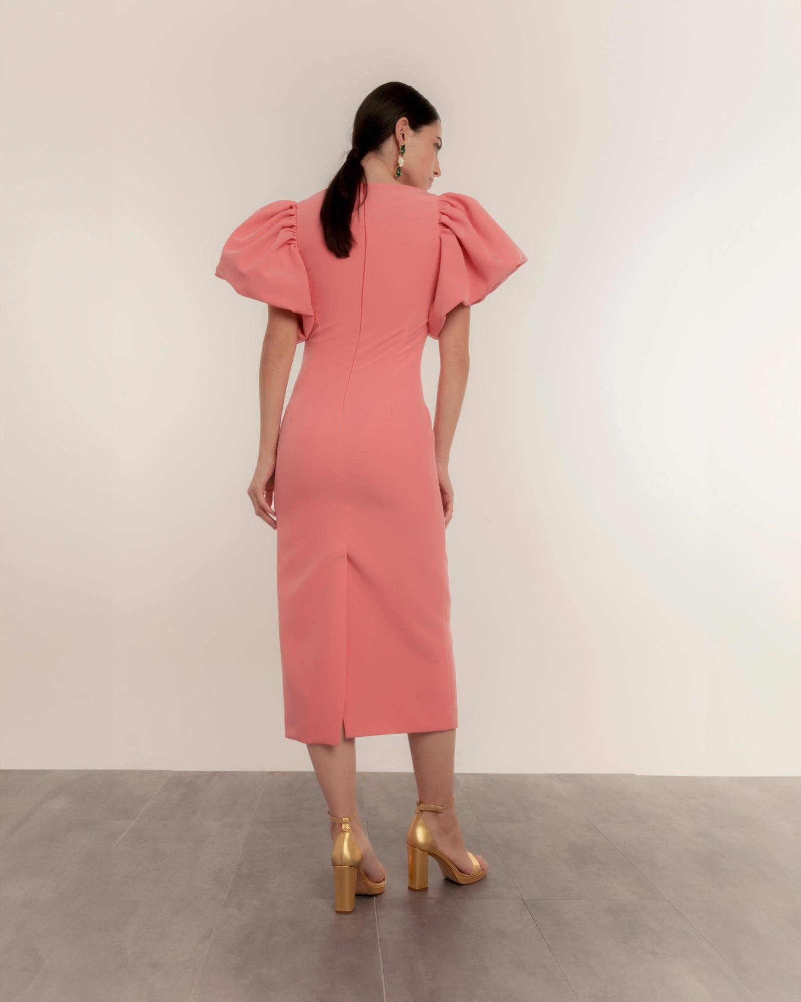 Dolores Promesas - Wholesale Dress - Women's - Coral balloon sleeve straight midi dress6
