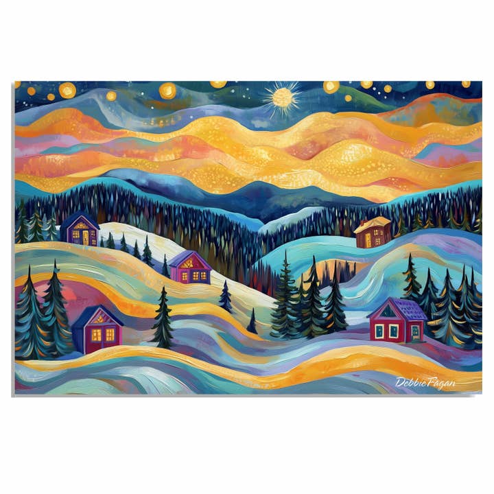 Folk Art Hills with Cabins Pine Trees & Sunset Glow Canvas for wholesale by Art Paradise Studios