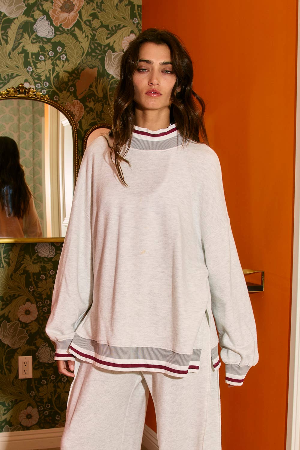 BUCKETLIST INC - Wholesale Sweatshirt - Women's - T2692 Striped Rib Band Details Mock Neck Sweatshirt Top4