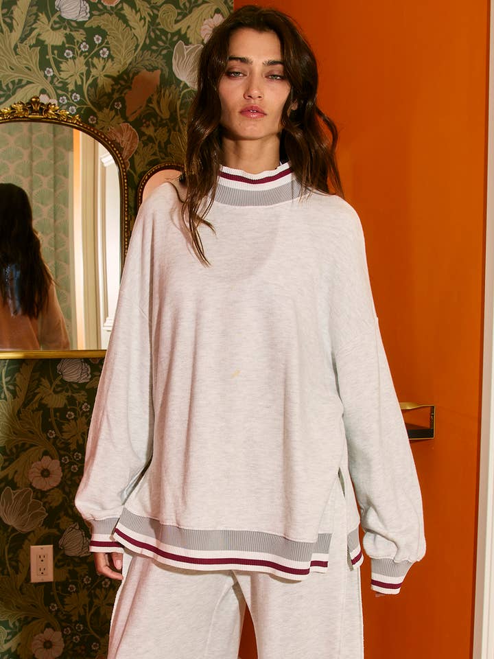 BUCKETLIST INC - Wholesale Sweatshirt - Women's - T2692 Striped Rib Band Details Mock Neck Sweatshirt Top4