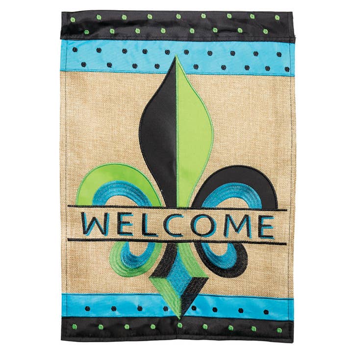 TWO COLORED FLEUR DE LIS BURLAP APPLIQUE GARDEN FLAG for wholesale by Magnolia