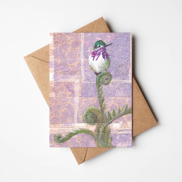 Calliope Hummingbird 5x7 Greeting Card for wholesale by Orphan Girl Fine Art